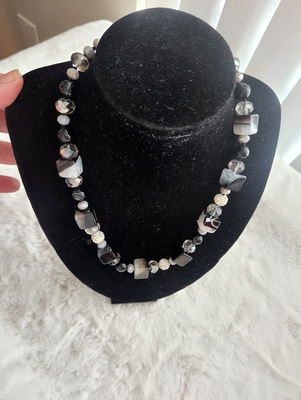 925 Sterling Silver Black & Silver Beaded Statement Necklace - Womens Jewelry